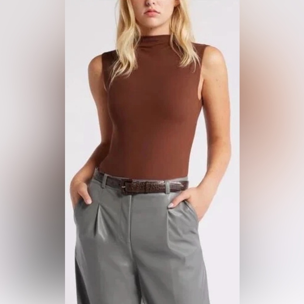 Open Edit Brown Sleeveless Mock Neck Bodysuit Size S New With Tags